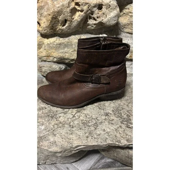 FRYE Brown Distressed Leather Almond Toe Cone Heel Zipper Buckle Ankle Boots 9 - Picture 2 of 7